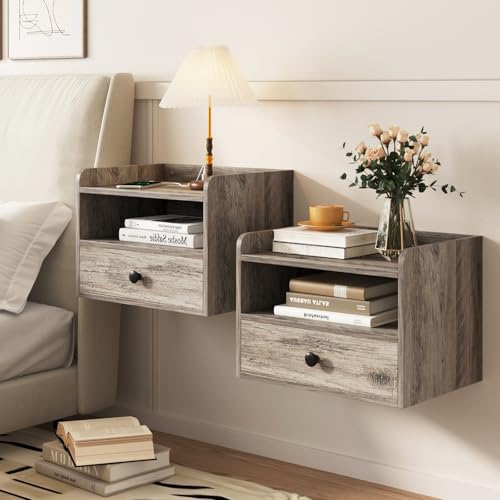 Floating Nightstand Set of 2 Modern Night Stands with Drawer and Open Shelf | Cubby Small Bedside End Table with Charging Station Wall Mounted Nightstands Set 2 for Bedroom Grey - color: Grey