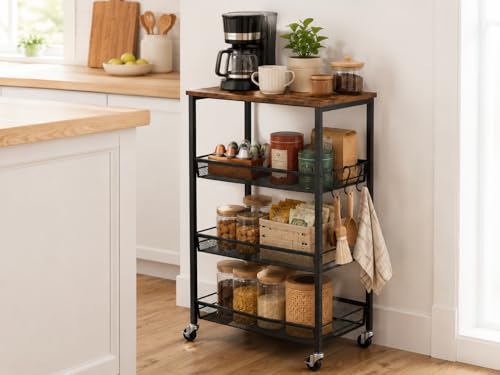 Homleke 4-Tier Rolling Kitchen Storage Cart, Utility Cart with Wooden Tabletop & Metal Baskets, Fruit Vegetable Basket for Kitchen, 3-S Hooks, Rustic Brown and Black - color: Rustic Brown and Black, size: 4-Tier