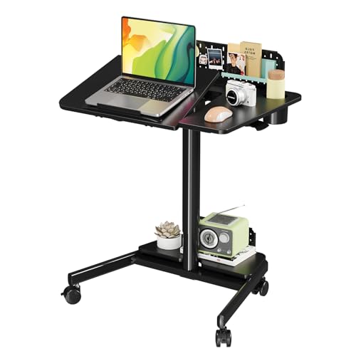 JOY worker Mobile Standing Desk, Rolling Tilt Adjustable Laptop Desk, Black | 28" Partial 60° Tiltable MDF Board, Height Adjustable, DIY Pegboard & Storage Base, 4 Lockable Wheels, Home Office Classroom - color: Black