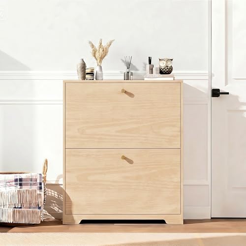 Nicetree Shoe Cabinet with 2 Flip Drawers, Narrow Shoe Organizer Cabinet, Freestanding Shoe Rack Cabinet, Modern Shoe Storage Cabinet for Entryway, Hallway, Foyer Natural Oak with Hook - color: Natural Oak, style: 2-Drawers with Hook