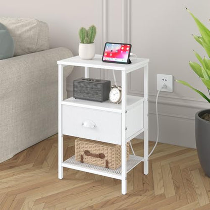 sthmec Nightstands Set of 2, Night Stands with Charging Station and Fabric Drawer PU Finish, Bedside Tables with Drawers, 2-Tier Side Table with Open Shelf, Nightstands with Charging Station,White - color: White, style: Power