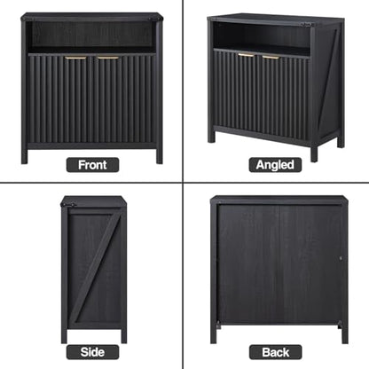 BuildHom 32 Inch Fluted Sideboard Buffet Cabinet with Storage Black Oak | Coffee Bar Cabinet with Open Shelf and 5-Level Adjustable Shelves, Farmhouse Storage Cabinet for Kitchen and Dining Room - color: Black Oak