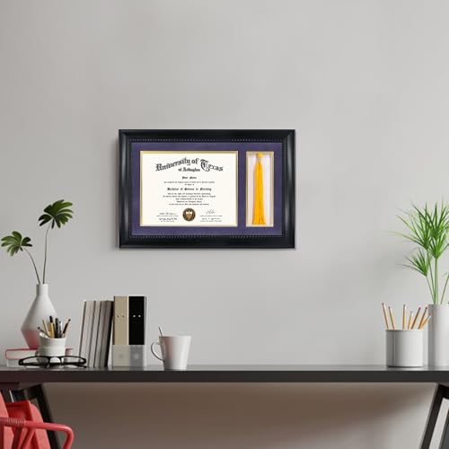 GMFrames 8.5x11 Diploma Frame with Tassel Holder, Solid Wood & Tempered Glass, Purple over Gold Mat, Black Finish with Intricate Black Rope Detail - color: Black / Purple Gold Mat, size: 11x17 for 8.5x11 with Tassel