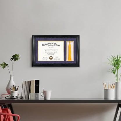 GMFrames 8.5x11 Diploma Frame with Tassel Holder, Solid Wood & Tempered Glass, Purple over Gold Mat, Black Finish with Intricate Black Rope Detail - color: Black / Purple Gold Mat, size: 11x17 for 8.5x11 with Tassel