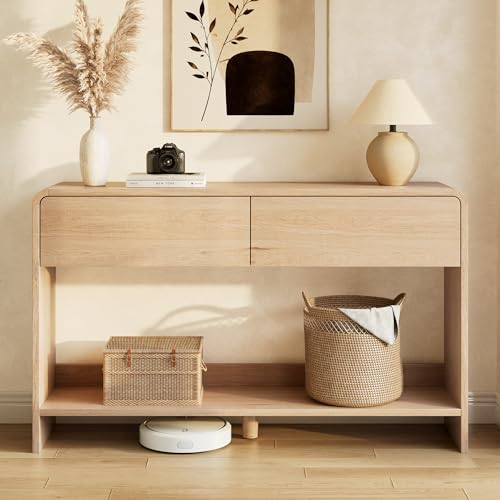 AMERLIFE 55" Modern Entryway Console Table with 2 Storage Drawers | Open Bottom Shelf, Wood Grain Finish, Rounded Edges, Long Sofa Table, Behind Couch, Hallway, Foyer, Living Room, Natural Oak - color: Natural Oak - Flat Panel, size: 55"