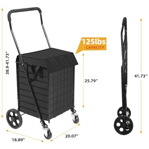 Kiffler Foldable Shopping Cart with Waterproof Basket Liner & 360° Swivel Wheels | Collapsible, Lightweigt| Perfect for Groceries, Laundry, Max 100 LBS Utility Cart for Seniors, Apartments - size: Medium+Bag