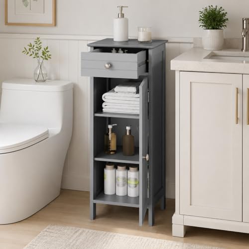Bathroom Cabinet, Free-Standing Single Door Storage Cabinet with Drawer & 2 Adjustable Shelves,Narrow Side Storage Organizer for Bathroom, Laundry Room, Living Room(Grey) - color: Grey