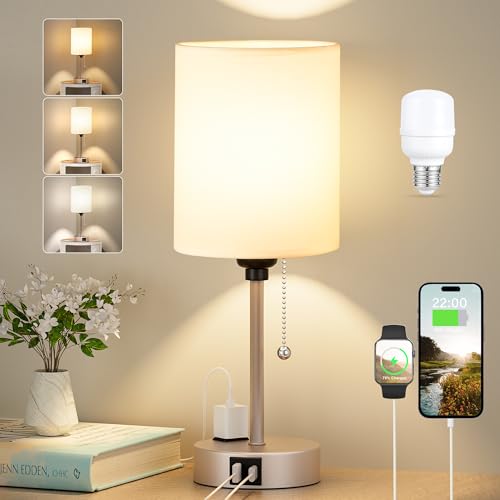 Small Bedside Table lamp for Bedroom - 3 Color Temperatures Bedside Lamps with USB C and A Ports, Pull Chain Table Lamps with AC Outlet, Gold Nightstand Lamps with White Shade for Kids Reading - color: White - Light Gold, size: 14.6 in