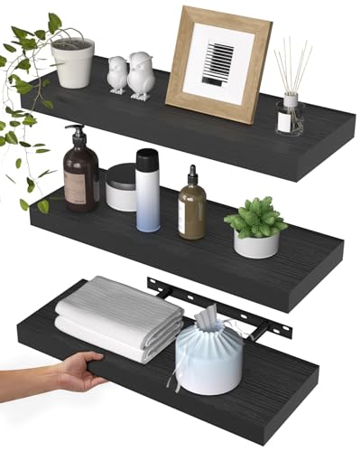 WALI Floating Shelves for Wall, 3 Tier Bathroom Storage Shelf Over Toilet, for Bedroom Bookshelf, Living Room Decor, Kitchen, Nursery, Laundry, Soundbar Floating Shelf Mount Under TV (CS103L), Black - color: Black, size: 15.67 x 5.9 Inch