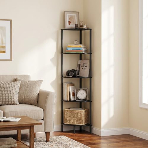 5-Tier Black Corner Shelf, Bamboo Corner Bookshelf, Indoor Plant Shelf, Kitchen Free Standing Shelf Storage Organizer, Tall Narrow Bookcase for Small Spaces, Bedroom, Living Room, Office - color: Black, size: 5 Tier