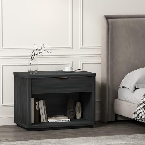 Manhattan Comfort Evelyn Modern Nightstand with Drawer & Open Shelf, Minimalist Bedside Table with Smooth Rounded Edges & Raised Mop Base, Versatile Accent Table, Set of 1, Charcoal Grey - size: Set of 1