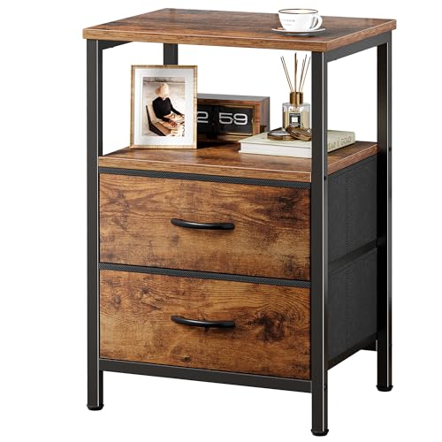 Huuger Night Stand with 2 Drawers, Bed Side Table with Open Shelf, Wooden Top, Nightstand for Bedroom, End Table for Small Space, Fabric Drawer, Rustic Brown - color: Rustic Brown