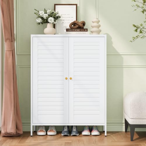 Metal Shoe Cabinet with 4-Tier & 3 Adjustable Shelves | 40” Tall White Freestanding Shoe Storage Organizer with Louvered Doors, Shoe Rack for Entryway, Hallway, Front Door