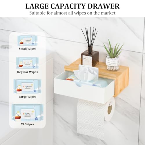 Domax Toilet Paper Holder with Shelf,Wall Mount/Adhesive Bathroom Toilet Paper Holder,Bamboo Wood Tissue Toilet Roll Holder with Storage Drawer for Organizer Wipes,Fits Any Room, Bamboo+White, Large - color: Bamboo+white