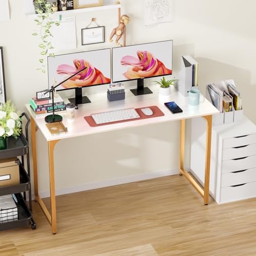 Dkelincs 47 Inch Computer Desk Home Office Desk Gaming Writing Desk Modern Simple Style Study Work Table with Metal Frame, Large Legroom, Adjustable Feet, Water-Resistant, Scratchproof Surface, Gold - color: Gold, size: 47 Inch