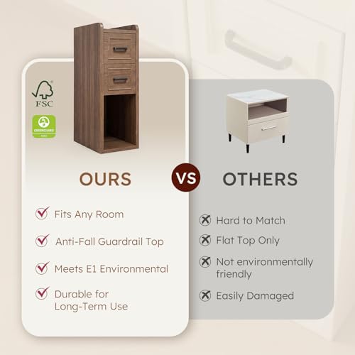 Narrow Nightstand Set of 2, Modern Small Bedside Table with Drawers & Open Shelf, Modern End Table for Bedroom Small Spaces, Apartments, Renters, Walnut - color: Narrow Walnut