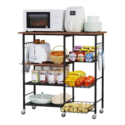 HapiRm Rolling Kitchen Microwave Cart - 4 Tier Microwave Table Stand with Pull-Out Baskets, Coffee Bar Baker's Rack with Wheels Rolling Storage Cart Organizer Shelf for Living Room Office, Balcony - color: Brown-xl