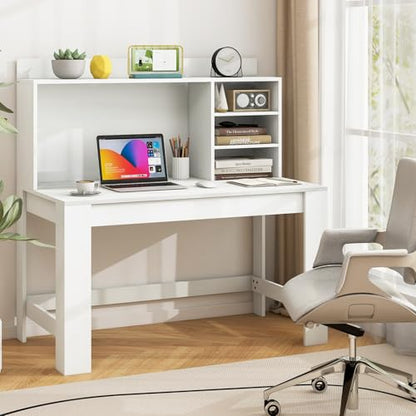 Tangkula 48“ Computer Desk with Hutch, Home Office Writing Study Desk with Storage Shelves, Cable Management Hole, Laptop Desk, Desk for Bedroom, Computer Workstation (White) - color: White