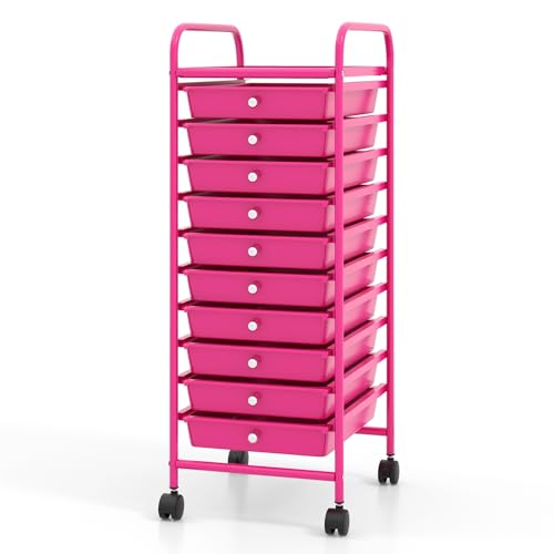 GLACER 10 Drawers Rolling Cart, Storage Cart with w/Removable Drawers & Steel Frame, Utility Mobile Trolley w/Universal Casters & 2 Brakes, Organizer Cart for Home, School, Office (Hot Pink) - color: Hot Pink, size: 10 Drawers (Small)