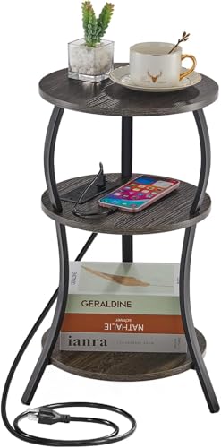 Small Round Side Table with Charging Station, 3-Tier Waist Circular End Table with Storage Shelf, Compact Tea Sofa Side Table Small Spaces, Round Corner Coffee Table for Living Room Bedroon,Grey - color: Grey, style: USB Charger