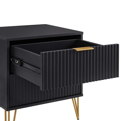 20" Sturdy Metal Legs Small Nightstand, Modern Nightstand with Textured Drawers, Storage Cabinet for Indoor Home use, Black - color: Black