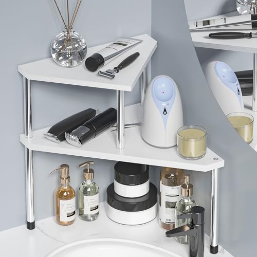 Weenson Bathroom Counter Organizer Over Sink for Toiletries Makeup, Kitchen Countertop Organizer Spice Rack for Salt, 2-Tier Corner Counter Shelf for Coffee Area Storage Dresser Table Bamboo - color: White