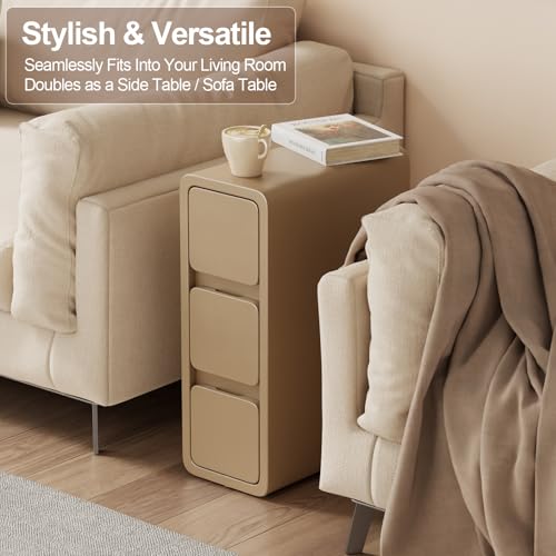 AQIMUELE Narrow Bedside Table,Narrow Night Stand with Drawers,Small Night Stand with Leather Surface for Bedroom - color: Beige (3 Drawers), size: 7.9"W