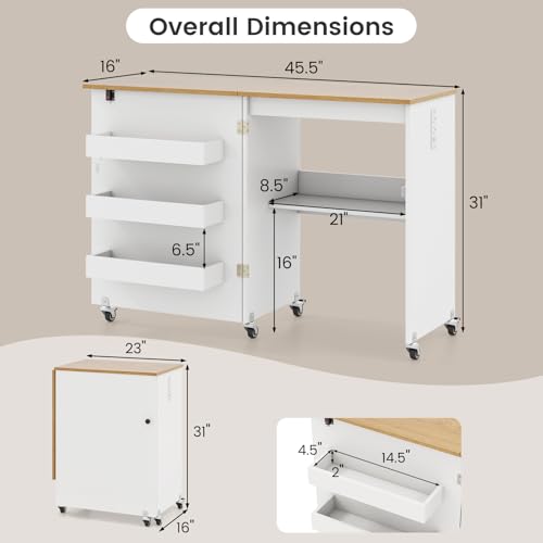 DREAMADE Folding Sewing Table with Storage, Craft Table w/Charging Station, 5 Lockable Wheels, Storage Bins & Shelf, Sewing Machine Desk for Home Office, Apartment, Studio (White & Natural) - color: White & Natural