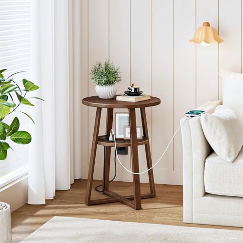 HOOBRO Round Side Table with Charging Station, Round Accent End Table with Bamboo Legs for Living Room, Bedroom, Brown, BR101UBZ01 - color: Brown