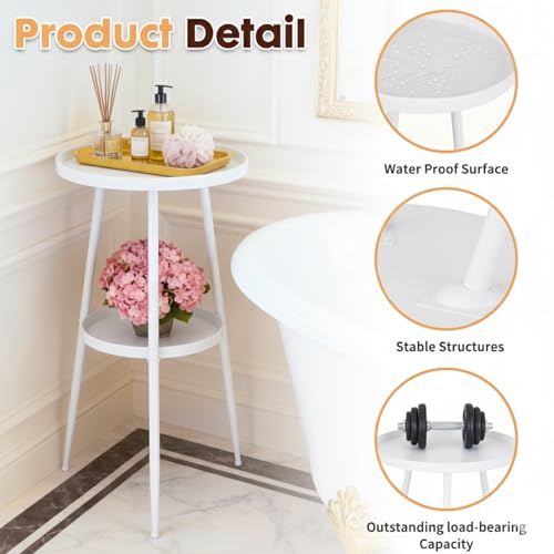 ShellKingdom Small Round Side Table, 2 Tier Metal End Table for Indoor Outdoor Bedroom Living Room Home Office Nightstand (White) - color: White