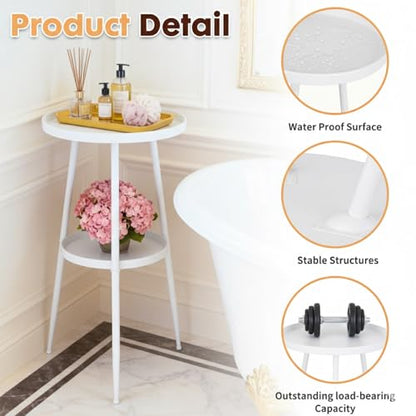 ShellKingdom Small Round Side Table, 2 Tier Metal End Table for Indoor Outdoor Bedroom Living Room Home Office Nightstand (White) - color: White