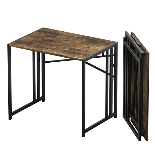 Lutown-Teen 32 inch Small Folding Computer Desk, Writing Gaming Computer Desk for Small Spaces, No Assembly Required Home Office Desk, Rustic Brown - color: Rustic Brown, size: 32 Inch