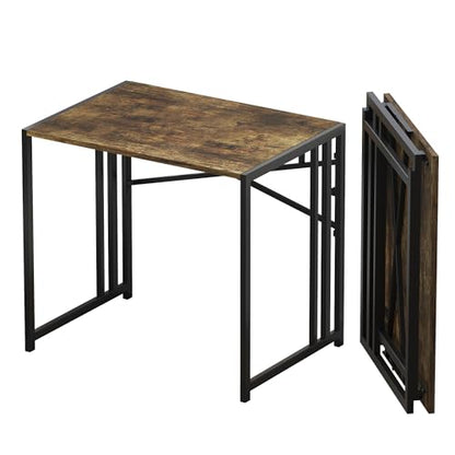 Lutown-Teen 32 inch Small Folding Computer Desk, Writing Gaming Computer Desk for Small Spaces, No Assembly Required Home Office Desk, Rustic Brown - color: Rustic Brown, size: 32 Inch