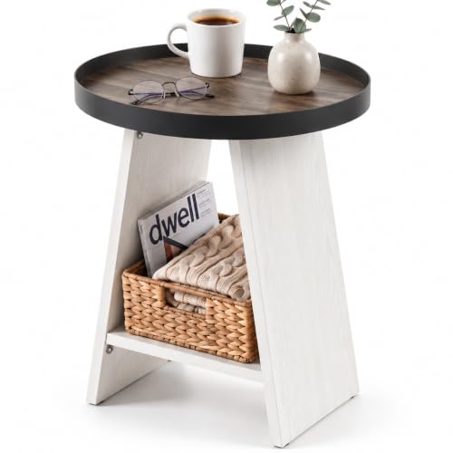 2-Tier Round End Table with 17.7 inch Tray Top, White | 2-Tier Side Table with Storage Shelf, Modern Farmhouse Industrial Wood Nightstand for Living Room, Bedroom, Small Spaces - color: White