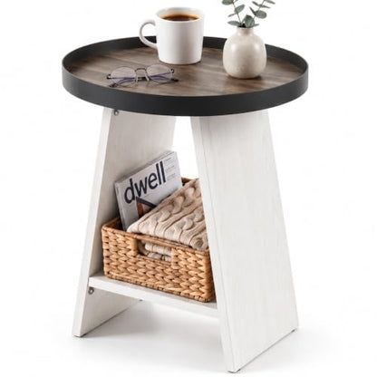 2-Tier Round End Table with 17.7 inch Tray Top, White | 2-Tier Side Table with Storage Shelf, Modern Farmhouse Industrial Wood Nightstand for Living Room, Bedroom, Small Spaces - color: White