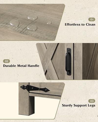 WLIVE Farmhouse Nightstand with Charging Station, End Table with Barn Door and Adjustable Storage Shelf, Rustic Wood Night Stand, 18" Modern Bedside Table for Bedroom, Greige - color: Greige