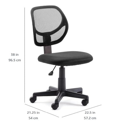 Amazon Basics Low Back Office Chair, Breathable Mesh, Height Adjustable, Padded Seat, Rolling Wheels, Swivel, Back Support, Sturdy, 21.25" D x 22.5" W x 38" H, Black - color: Black