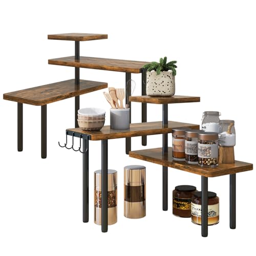 IBUYKE 3-Tier Spice Rack,Set of 2,Rotating Adjustable,Brown,TLJ023H-2 | Corner shelf Kitchen Countertop Organizer Bathroom Counter Organizer 4 Side Hooks Coffee Bar Cabinet Desk - color: Brown, size: 2 pack (Improved)