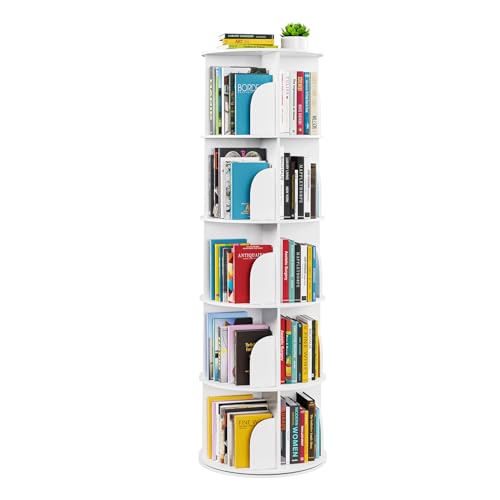SpaceAid 5 Tier Rotating Bookshelf Tower, Spinning Bookcase Lazy Susan, Revolving 360 Book Shelf Storage Round Carousel, Vertical Rotate Turning Spiral Corner Organizer, White - color: White, size: 5 Tier, 62.2" H