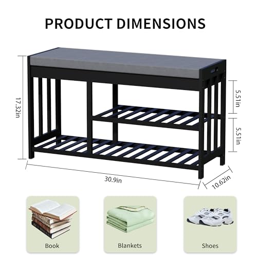 Shoe Rack Bench with Cushion,2 Tiers Shoe Bench with Flip-Top Storage,Wood Shoe Rack for Entryway, Hallway, Bedroom, Front Door Entrance (Black) - color: Black