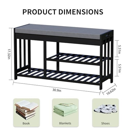 Shoe Rack Bench with Cushion,2 Tiers Shoe Bench with Flip-Top Storage,Wood Shoe Rack for Entryway, Hallway, Bedroom, Front Door Entrance (Black) - color: Black