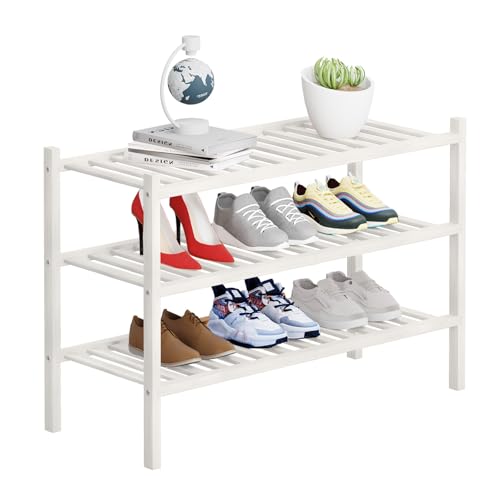 3 Tier Bamboo Shoe Rack Storage Organizer for Closet, Multifunctional Stackable Free Standing Shoe Shelf Organizer for Small Space,Entryway, Hallway, Bathroom27 x11 x20 (White, 3 Tier) - color: White, size: 3 Tier