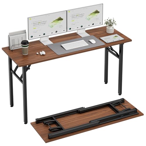 TEMI Long Computer Desk Folding Table - 55.1" Foldable Office Desk, No Assembly, Perfect Writing Table for Bedroom, Dorm, or Apartment, Portable Large Desk or Study Table with Compact Design, Walnut - color: Dark Walnut, size: 55.1 Inch, style: NO Power O