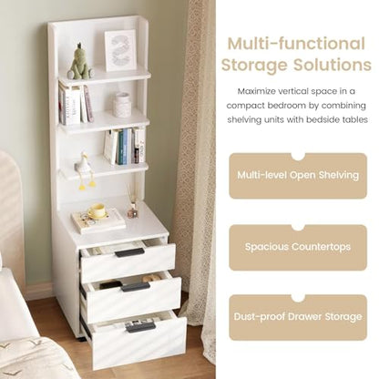 Night Stand, Tall Nightstand with 4-Tier Shelves and 3 Drawers, Bed Side Table for Bedroom, Hallway, Study Room and Home Office