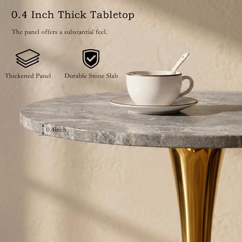 27.6" Marble Round Tulip Table, Mid-Century Modern Style Dining Table with Gold Pedestal Base for 2-4 People, Featuring A Marble Tabletop for Kitchen, Dining Room, Cafe (Dark Grey) - color: Dark Grey#gold
