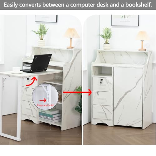 Fold Out Desk with Storage, Hidden Desk with Lockable Drawers & Shelves, Built-in Power Outlet,Folding Desk for Study and Home Office (Marble-Effect White) - color: Marble-effect White