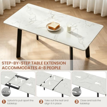 47.2"-63" Extendable Dining Room Table Set for 4-8 People, White | Removable Extension Leaf, Durable MDF Rectangle Tabletop, 6 Beige Sleek Faux Leather Chairs, Heavy Duty Modern Kitchen Table - color: 47.2'' - 63'' White Table+6 Beige Chairs