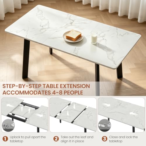 47.2"-63" Expandable Dining Room Table Set for 4-8 People, White | Removable Extension Leaf, Durable MDF Rectangle Tabletop, 6 Beige Sleek Faux Leather Chairs, Heavy Duty Modern Kitchen Table - color: 47.2'' - 63'' White Table+6 U Beige Chairs