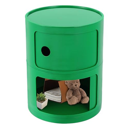 2 Tier Circular Nightstand, Circular Side Table with Storage, Round Cabinet End Table, Sliding Door Design, 88Lbs Load Capacity, Bedroom Living Room Organizer, Modern Green ABS Material, 12.5x15.7 in