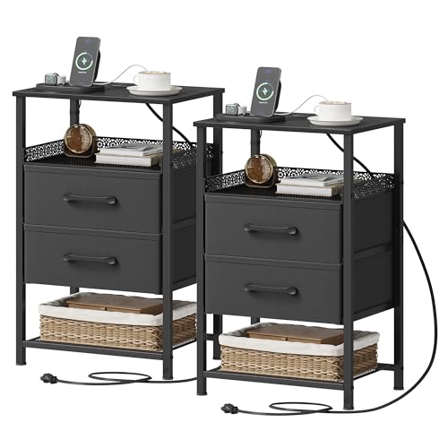 JARHETUN Nightstand Set of 2, Night Stands with Charging Station, 26.4 Inch Tall Bedside Table with Metal Shelf, Side Table with 2 Fabirc Drawers for Bedroom, Black - color: Black, style: Power